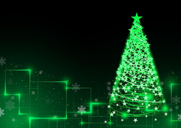 Vector abstract green christmas tree on tech background with neon light effects