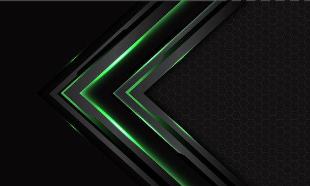 Freccia cibernetica verde astratta del circuito nero su grigio scuro con design a maglia esagonale futuristico moderno