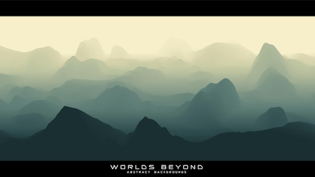 Abstract green landscape with misty fog till horizon over mountain slopes. gradient eroded terrain surface. worlds beyond.