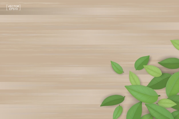 Abstract green leaves on brown wood texture background.