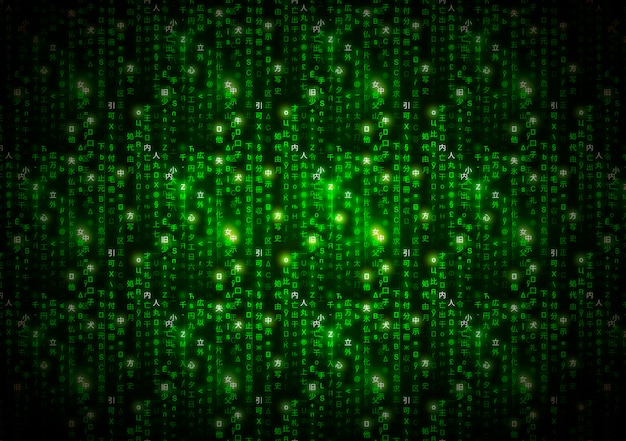 抽象的なグリーンマトリックスシンボル、暗い、技術の背景にデジタルバイナリコード