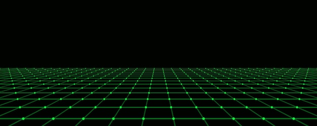 抽象的な緑色の視点グリッド レトロスタイルのデジタル背景 黒い背景のサイバーランドスケープ ベクトルイラスト