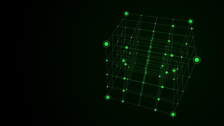 Vector abstract green scifi cube with particle and line vector technology network connection on world global digital connections ai wireframe cube blockchain encryption