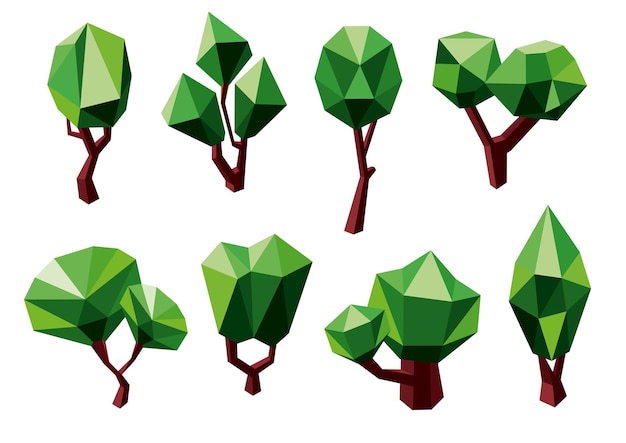 Abstract green trees icons in polygonal style, isolated on white. for ecology or nature themes design