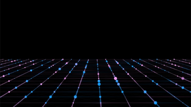 Abstract grid with blue light on black background Science background with moving dots and lines Network connection technology Digital structure with particles Vector illustration