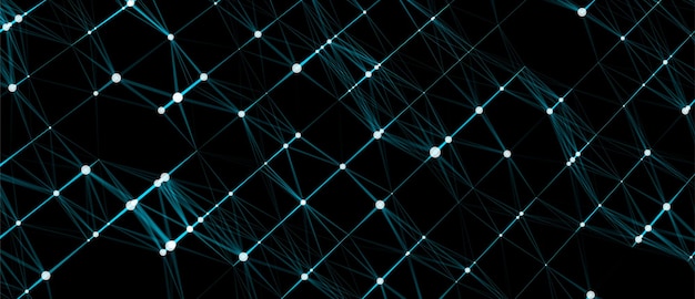 Abstract grid with blue light on black background Science background with moving dots and lines Network connection technology Digital structure with particles Vector illustration