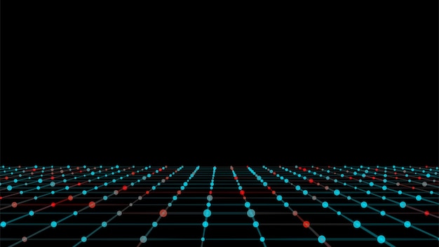 Abstract grid with blue light on black background Science background with moving dots and lines Network connection technology Digital structure with particles Vector illustration