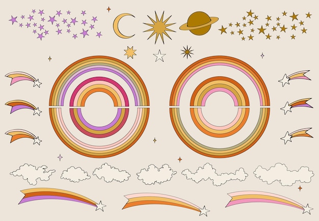 Segni astrologici astratti groovy e hippie. set di illustartions vettoriali colorati diversi