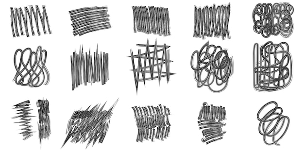 Vector abstract grunge houtskool scribble strepen handgetekende doodle vet vormen krijt potlood of marker doodle rouge vrije hand krassen vector illustratie van lijnen golven pijlen squiggles door penseelstreek