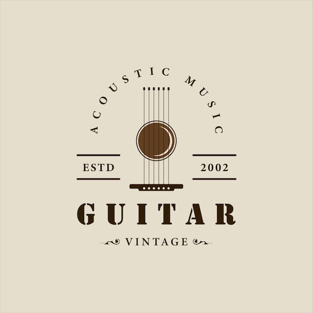 抽象ギタークラシックロゴヴィンテージベクトルイラストテンプレートアイコングラフィックデザインアコースティック楽器のサインまたはギタリストバンドのシンボルとタイポグラフィスタイルのショップビジネス