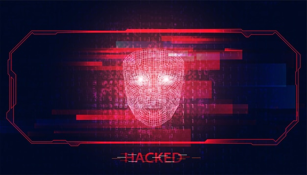 Abstract hacker face digital steals information from computers on the network in the internet