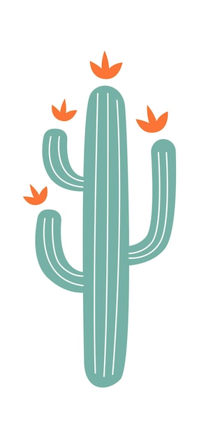 Abstract hand drawn cartoon cactus with flowers flat icon