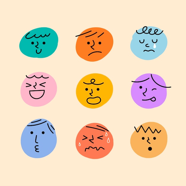 Vector abstract hand drawn comic faces with various emotions