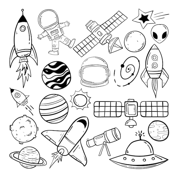 Vector abstract hand drawn doodle collection aliens ufo planets galaxy space logo vector