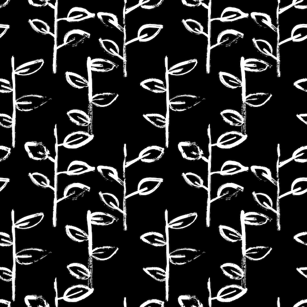 Abstract hand drawn dry brush vector seamless leaves pattern