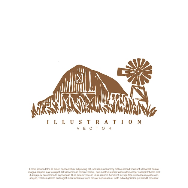 Vector abstract hand drawn farm building with windmill vector illustration