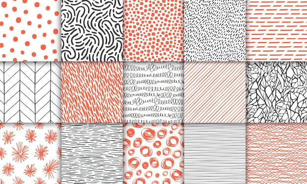 Vector abstract hand drawn geometric simple minimalistic seamless patterns set polka dot stripes waves