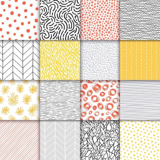 Abstract hand drawn geometric simple minimalistic seamless patterns set polka dot stripes waves