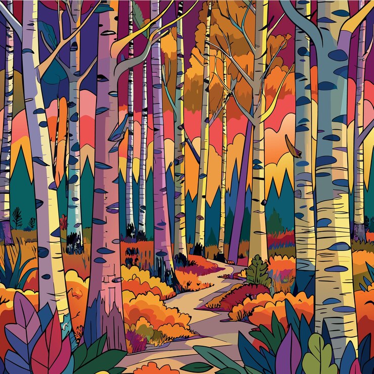 Vector abstract hand drawn rich colored birch forest seamless pattern