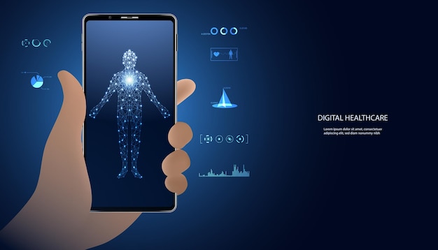 Mano astratta che tiene un corpo digitale del concetto di telefono elaborazione della salute utilizzando la salute dell'ia