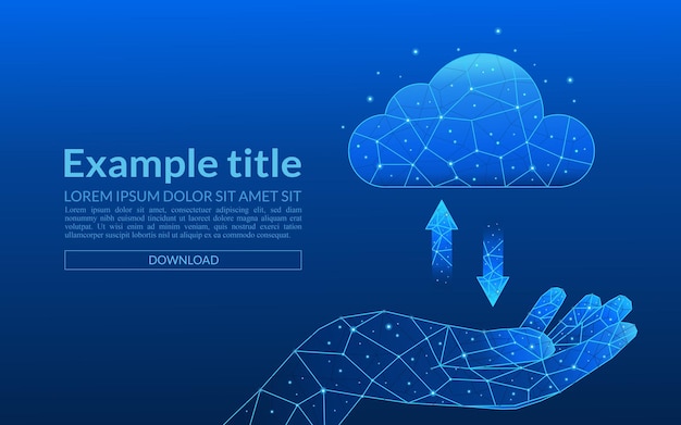 An abstract hand holds a digital cloud computing icon with lowpoly up and down arrows