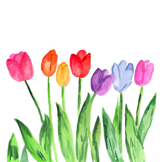 チューリップの花と抽象的な手描きの水彩画の背景