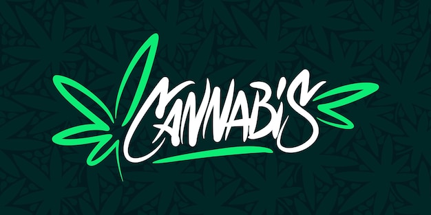 Abstract hand written word cannabis with cannabis leaf vector illustration art