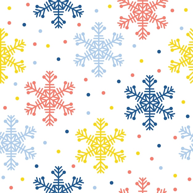 抽象的な手作りスノーフレークシームレスパターンの背景。デザインカード、赤ちゃんのおむつ、冬のメニュー、休日の包装紙、バッグプリント、Tシャツなどの幼稚な手作りの雪の壁紙。