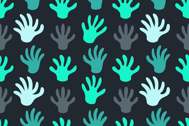 Vector abstract hands pattern design on dark backdrop handprints seamless textile
