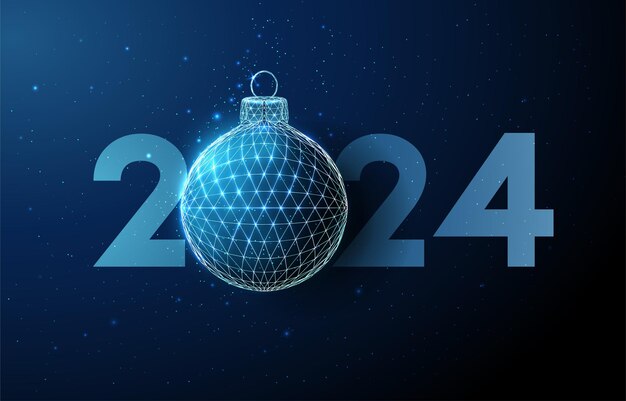 抽象的な2024年新年祝賀カードとクリスマスボールのローポリスタイルデザイン 抽象的な幾何学的な背景 ワイヤフレームのライト構造 モダンな3dグラフィックコンセプト ベクトルイラスト