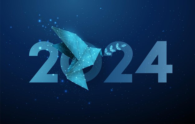 Абстракт поздравительная открытка на новый год 2024 года с бумажной оригами птица с оливковой ветвью дизайн в стиле low poly геометрический фон wireframe световая структура 3d графическая концепция векторная иллюстрация