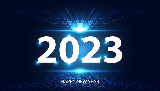 Astratto felice anno nuovo 2023 prospettiva di luce in avanti su sfondo blu digitale futuristico moderno spazio hitech