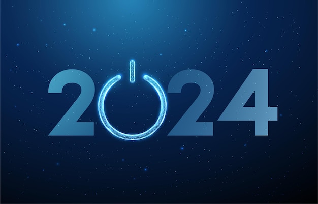抽象 新年あけましておめでとうございます カードに2024番号と青いパワーボタン ビジネスとAIコンセプト 低ポリスタイル 幾何学的な背景 ワイヤフレームのライト構造 モダンな3Dグラフィックベクトル