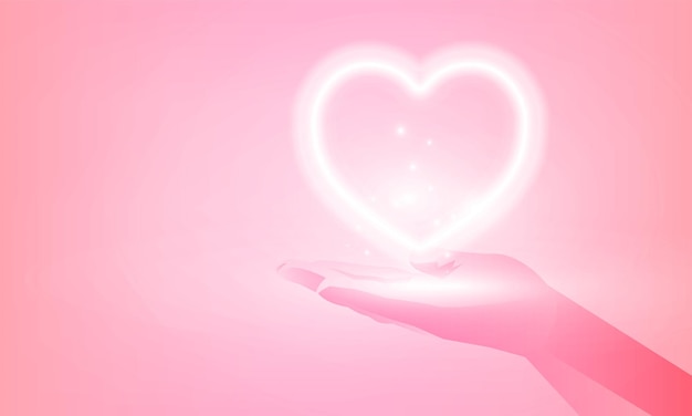 Abstract happy valentines days hand holding neon heart pink background with for vector poster design