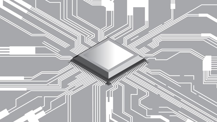 Vector abstract hardware and software background circuit board chip processor mainboard and code programmer hitech computer engineer computer processors cpu motherboard digital chip