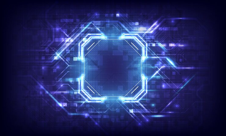 Vector abstract hardware and software background circuit board chip processor mainboard and code programmer hitech computer engineer pixels screen and database coding blue neon lighting effect