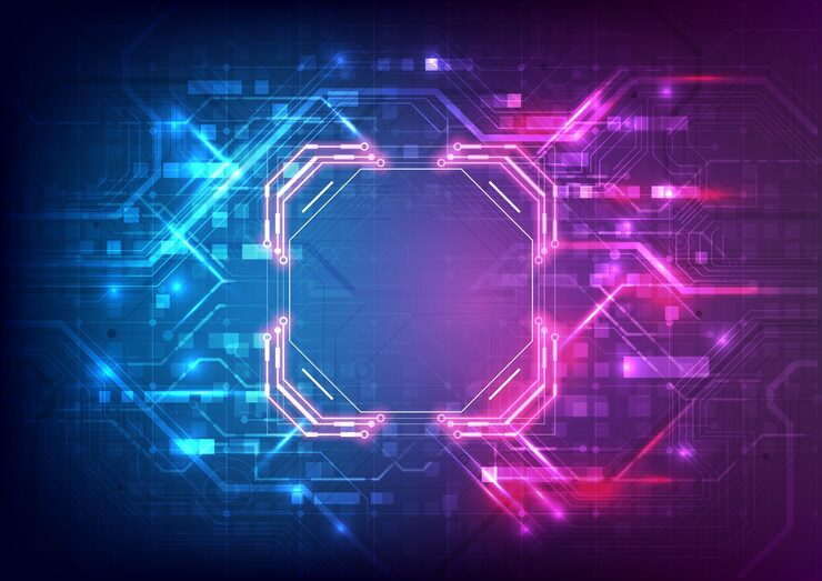 Vector 추상 하드웨어 및 소프트웨어 배경 회로 기판 칩 프로세서 메인보드 및 코드 프로그래머 hitech 컴퓨터 엔지니어 픽셀 화면 및 데이터베이스 코딩 파란색 및 분홍색 네온 조명 효과