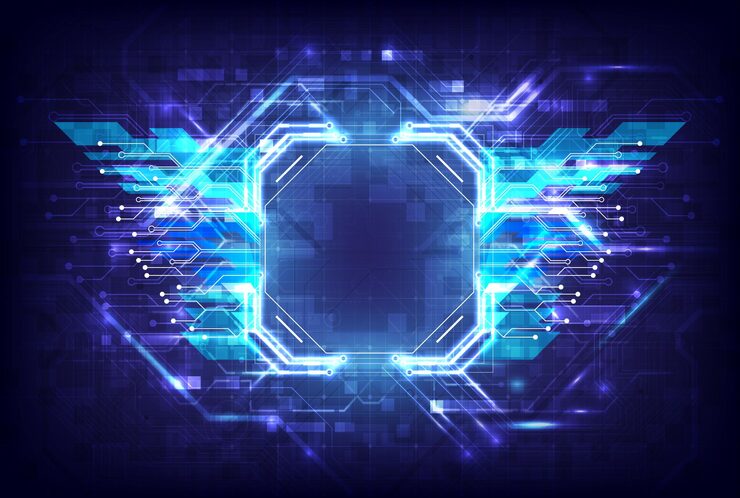 Vector abstract hardware and software background circuit board chip processor mainboard and code programmer hitech computer engineer pixels screen and database coding blue wings neon lighting effect