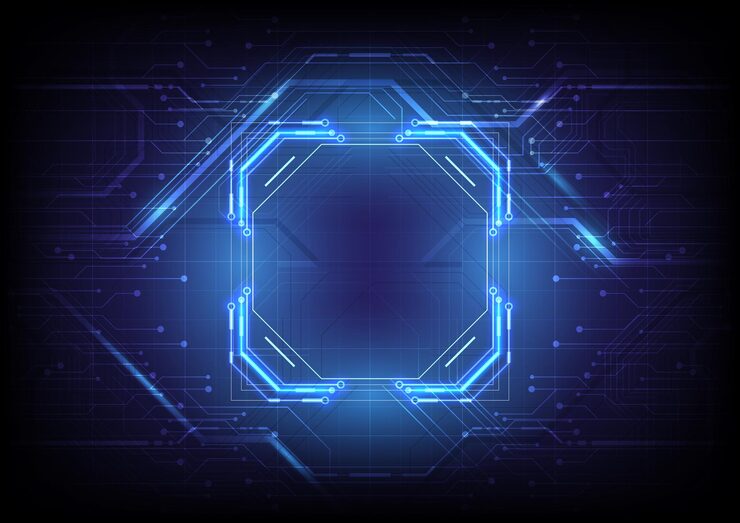 Vector abstract hardware and software background circuit board frame chip processor mainboard and code programmer computer hud tech pixels screen and database coding blue neon lighting effect