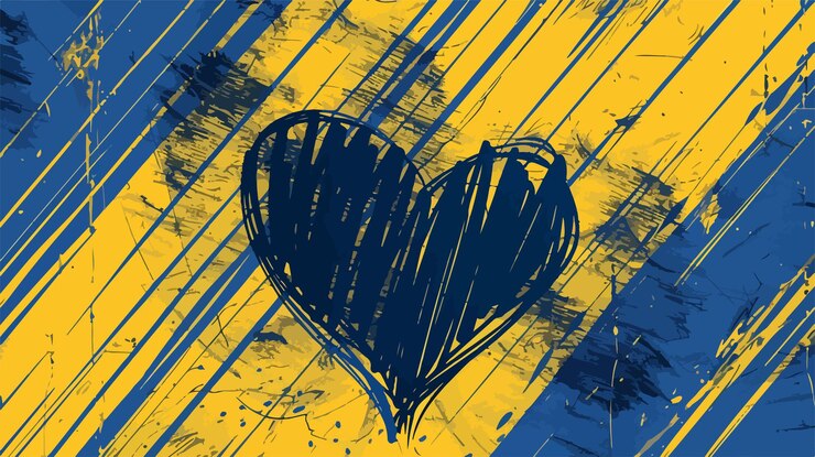 Vector abstract heart design on blue and yellow background with geometric lines