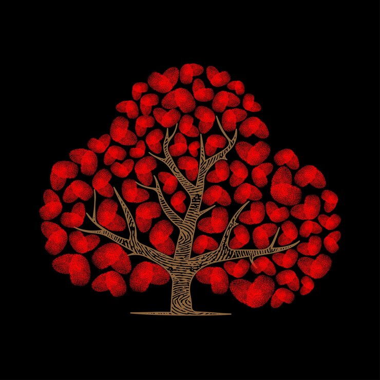 Vector abstract heart fingerprints tree silhouettes set