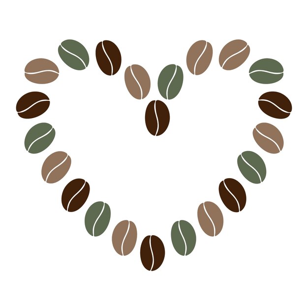 Vector abstract heart shape of multicolored coffee beans in trendy brown and green copy space frame boarder