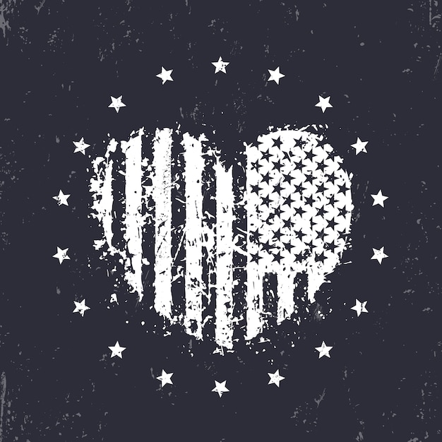 Cuore astratto con bandiera americana, segno patriottico, stampa t-shirt, illustrazione