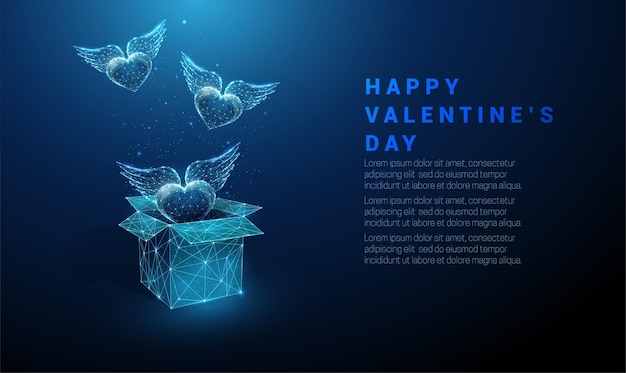 Vettore cuori astratti che volano dalla confezione regalo aperta. buon san valentino carta. design in stile low poly. sfondo geometrico. wireframe struttura di collegamento della luce. concetto grafico moderno. illustrazione vettoriale