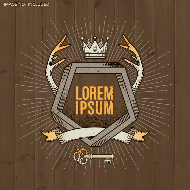 Vector abstract heralic line art emblem with impossible shape, deer horns, crown, key and sunburst -  illustration