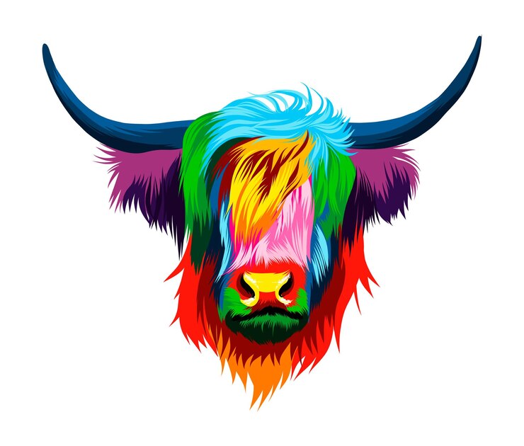 Vector abstract highland cow head portrait scottish highland cow from multicolored paints colored drawing