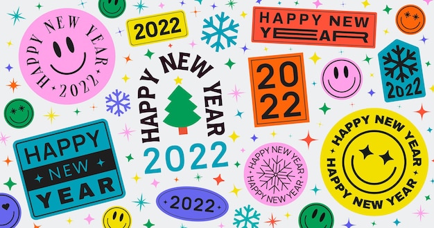 Abstract Hipster Cool Background with Stickers, Pins, Patches and Badges. Happy New Year 2022 Trendy Illustration.