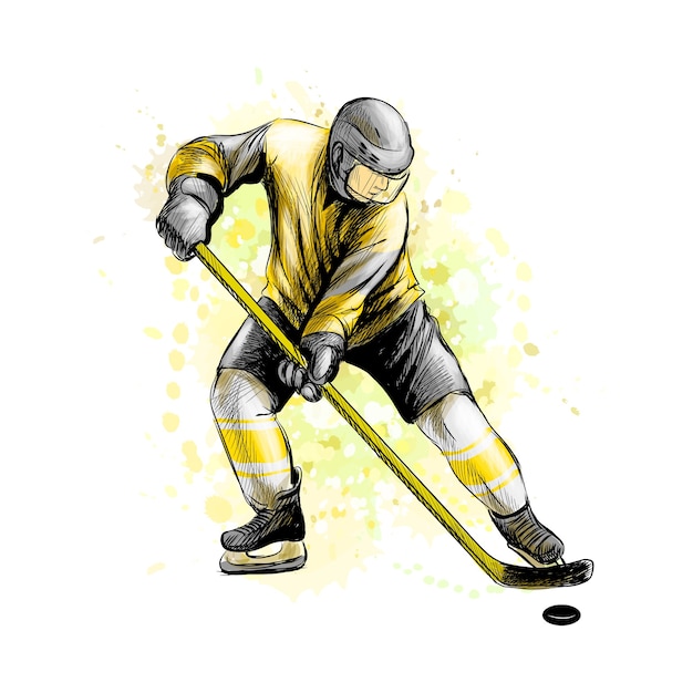 Abstract hockey player from splash of watercolors. hand drawn\
sketch. winter sport. illustration of paints