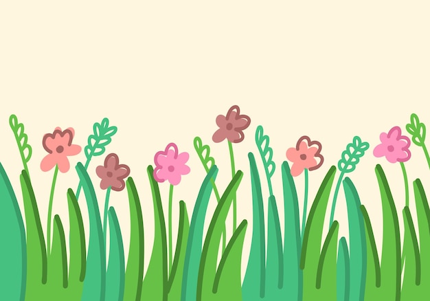 Abstract horizontal modern background with a field of grass and flowers