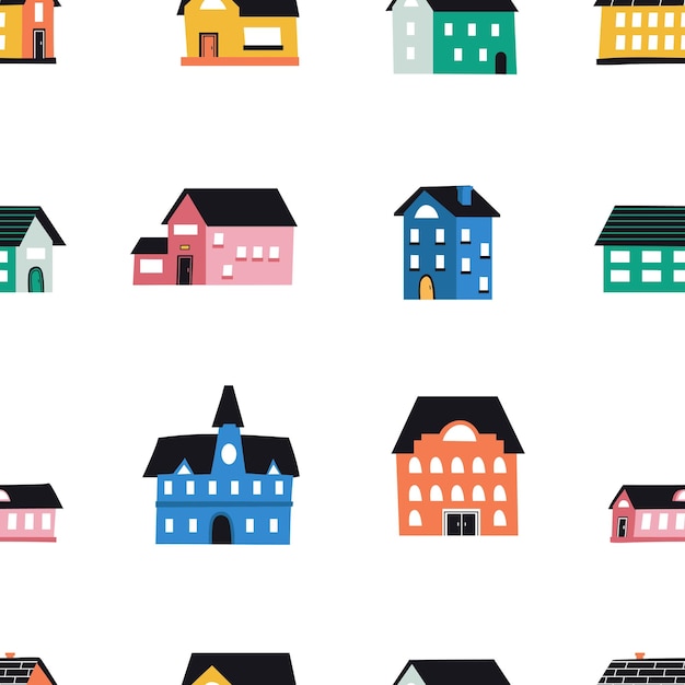 Abstract houses pattern Seamless print of cute hand drawn buildings with tiny doors windows and wall bricks Flat town buildings modern texture vector cartoon isolated elements on white background